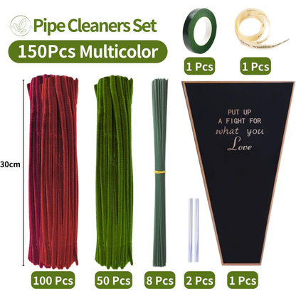NafuXiaJJia Rose Pipe Cleaner Kit with 150 Pcs Pipe Cleaners Colourful in 2 Colours（Burgundy,Green,8 Pcs Green Floral Wire,Floral Tape,Flower Wrapping Paper and Ribbon