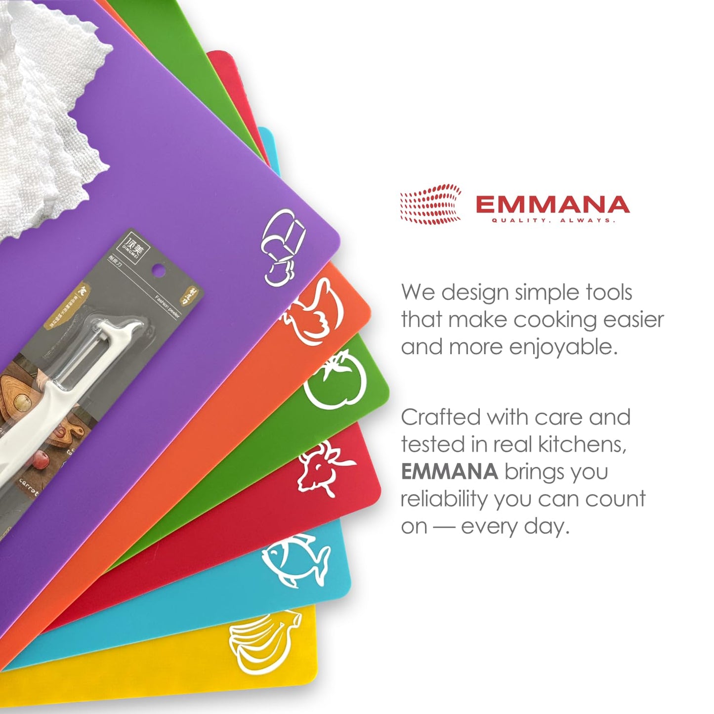EMMANA - Plastic cutting board for kitchen. Set of 8 – 6 Color-Coded Flexible Plastic Mats with Food Icons + Peeler & Microfiber Towel – BPA-Free, Non-Slip Back, Dishwasher Safe, Durable & Non-Porous