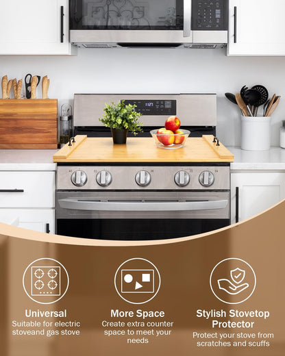 Noodle Board Stove Cover, X-Chef 30 x 22" Bamboo Cutting Board Stove Top Cover with Handles, for Electric Stovetop, Gas Burners, Sink Cover, RV (Wooden)