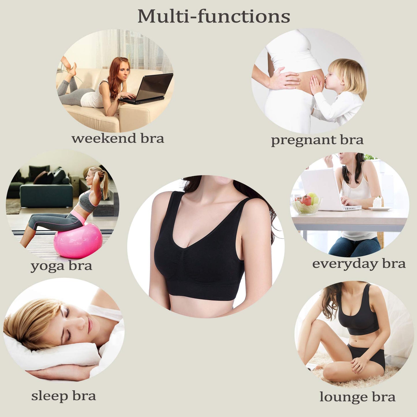 PRETTYWELL Sleep Bra for Women, Comfort Seamless Wireless Stretchy Sports Bra, 3 Pack Yoga Bra, with Removable Pads