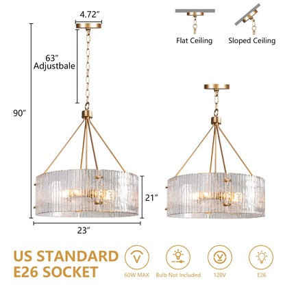 Obihivlo Gold Patterned Glass Chandeliers for Dining Room, D23'' Modern Drum Crystal Chandelier, 6-Light Farmhouse Pendant Hanging Ceiling Fixture for Kitchen Island Living Room Foyer Bedroom (E26)