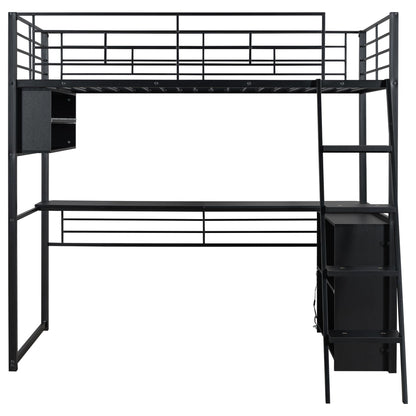 Metal Twin Size Loft Bed with Desk and LED Light,Heavy Duty Loft Bed Frame with Storage Shelves and Inclined Ladder for Kids,Adults,Twin Size,Black