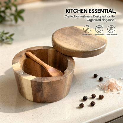 ZALIR 2 Pcs Acacia Wood Salt Cellars, Built-in Spoons, Secure-Clasp Lids, Single & Double Compartment Spice Containers, Dustproof Moisture-proof Seasoning Storage for Kitchen, 3.54 x 3.54 x 2.76 in