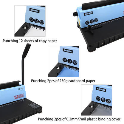 Rayson TD-132 Wire Binding Machine, 32-Hole Spiral Coil Binder, 3:1 Pitch, Punches 12 Sheets, Binds up to 120 Sheets, Sturdy Metal Construction