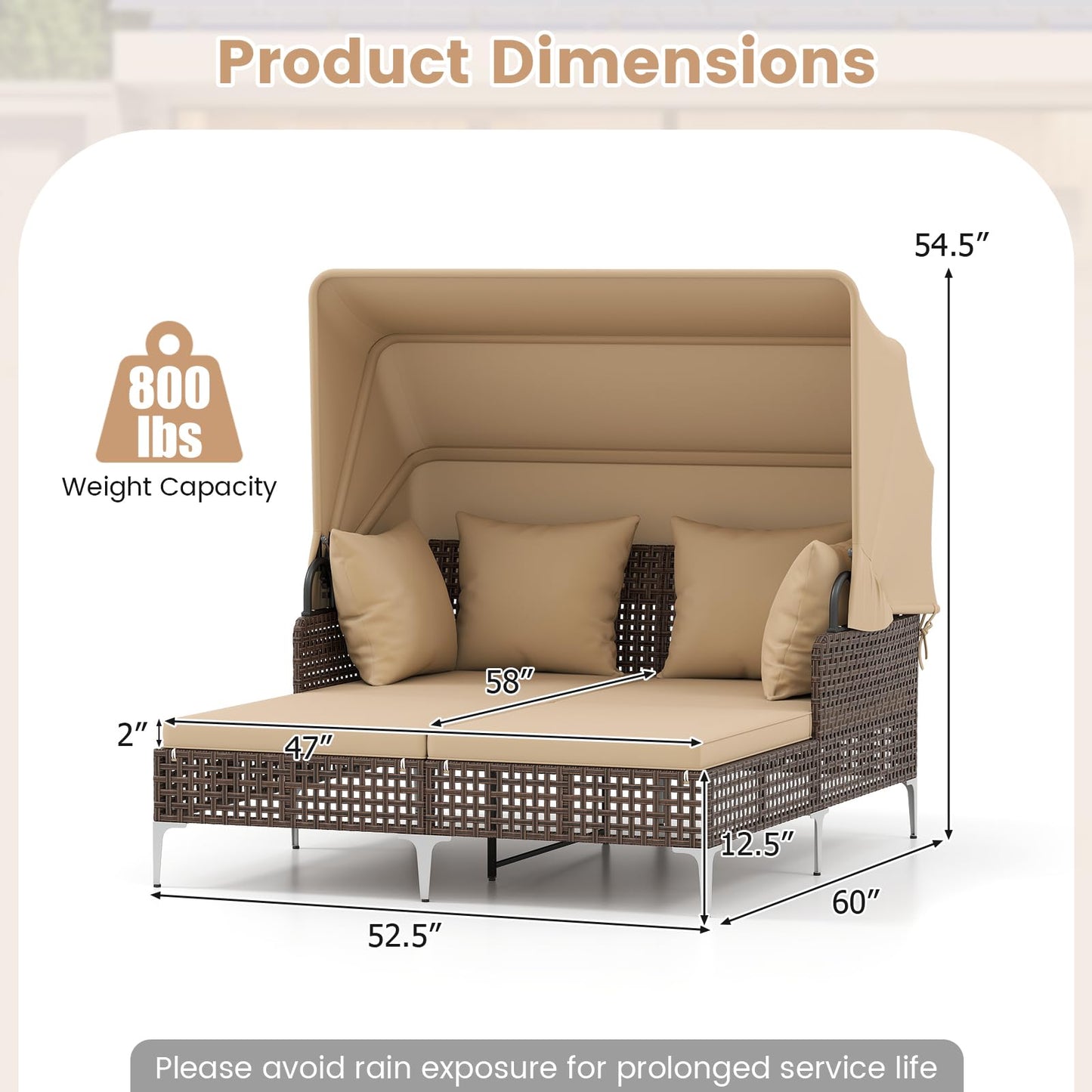 HAPPYGRILL Outdoor Daybed with Retractable Canopy, PE Wicker Rattan Patio Double Chaise Lounger with Cushions, Outside Sunbed Furniture for Garden, Poolside and Backyard (Beige)