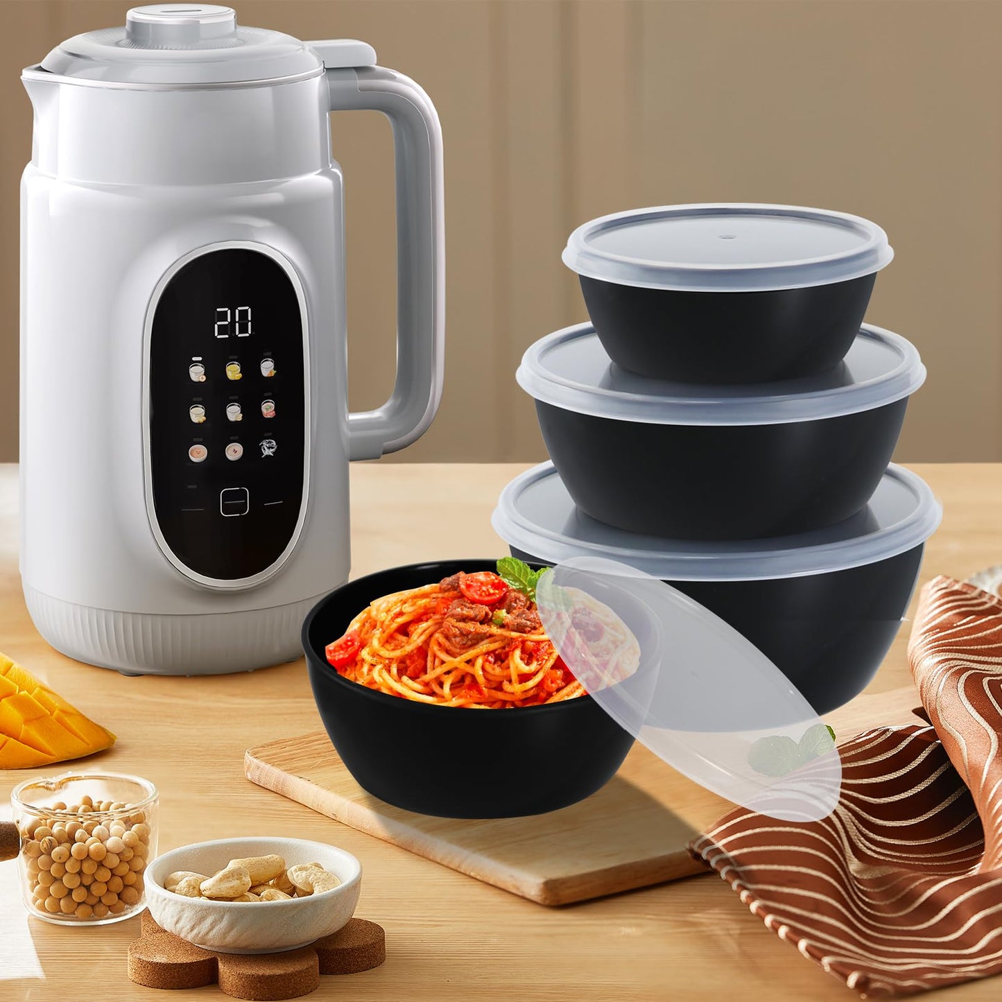 SCWBOEII 4-Piece Classic Plastic Prep Bowls with Lids, Nesting Plastic Small Mixing Bowl Set for Mixing, Baking, Prepping, Cooking and Serving Food, Microwave and Dishwasher Safe (Black)