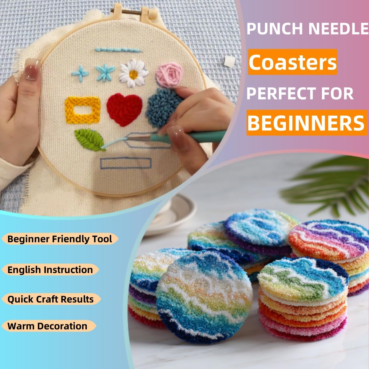 6PCS Punch Needle Coaster Kit Cute Scottland Highland Cow Easy for Beginners Stress Relief Craft Set with Hoop Yarn & Patterns DIY Embroidery Mug Rug Kit for Adults Kids Home Decor-3