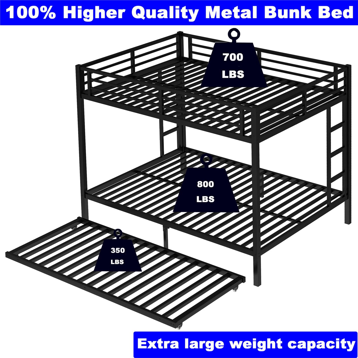 STERXONE Upgraded Version Thicken Metal Heavy Duty Queen Over Queen Bunk Bed with Twin Size Trundle, Stronger Steel Bunk Bed with Ladder for Adults, Easy Assembly (Queen Over Queen)