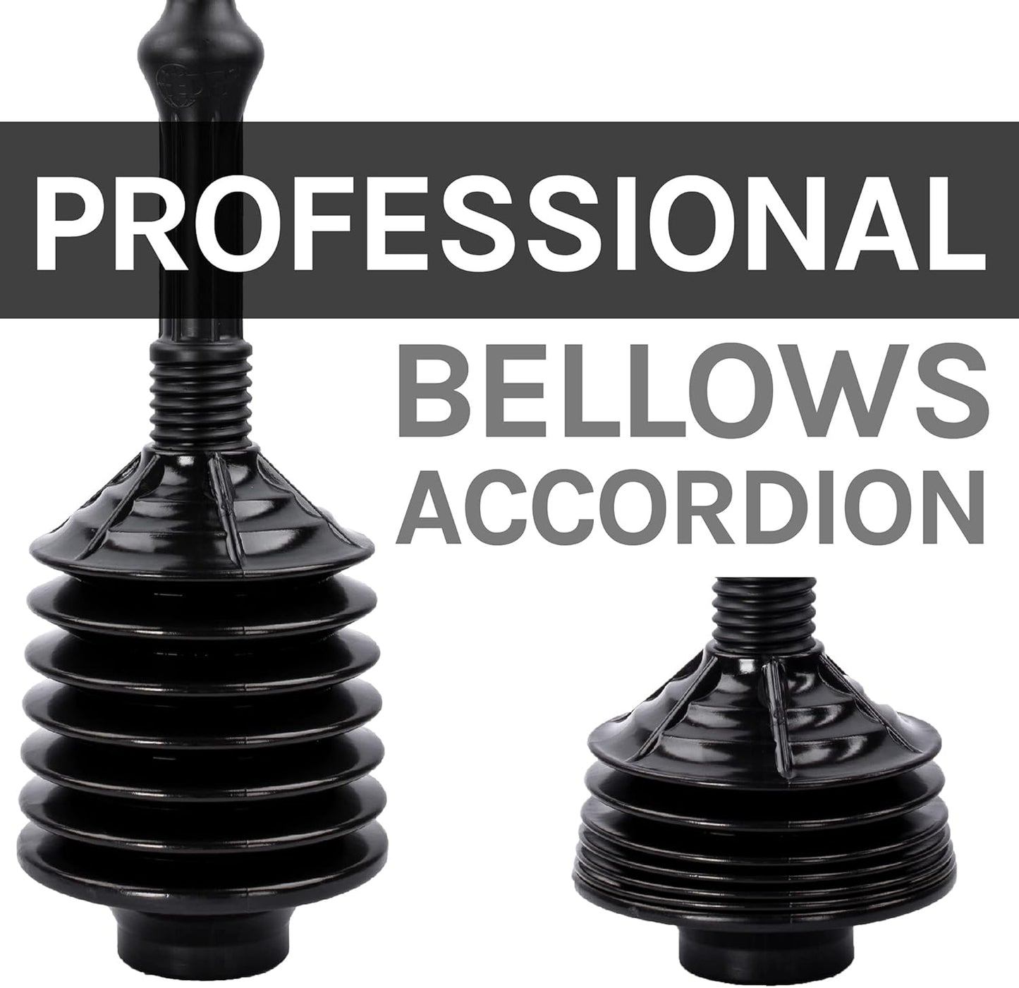 JS Jackson Supplies Black Toilet Plunger with Black Bellows Accordion and Storage Tray