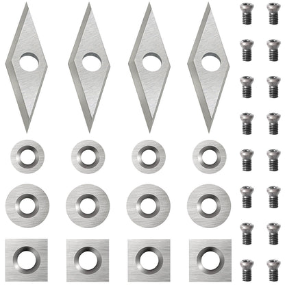 Diraeen 32pcs Carbide Lathe Tools,Tungsten Cutters Inserts Set for Wood Lathe Turning Tools, Include 11 mm Square with Radius, 12 mm and 8.9 mm Round, 30 x 10 mm Diamond,Screws