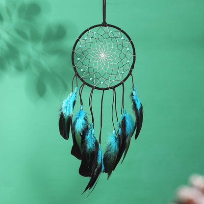 Dream Catcher with Bicolor Mesh, Handmade Dark Tone Dreamcatcher with Black and Turquoise Feather Wall Hanging