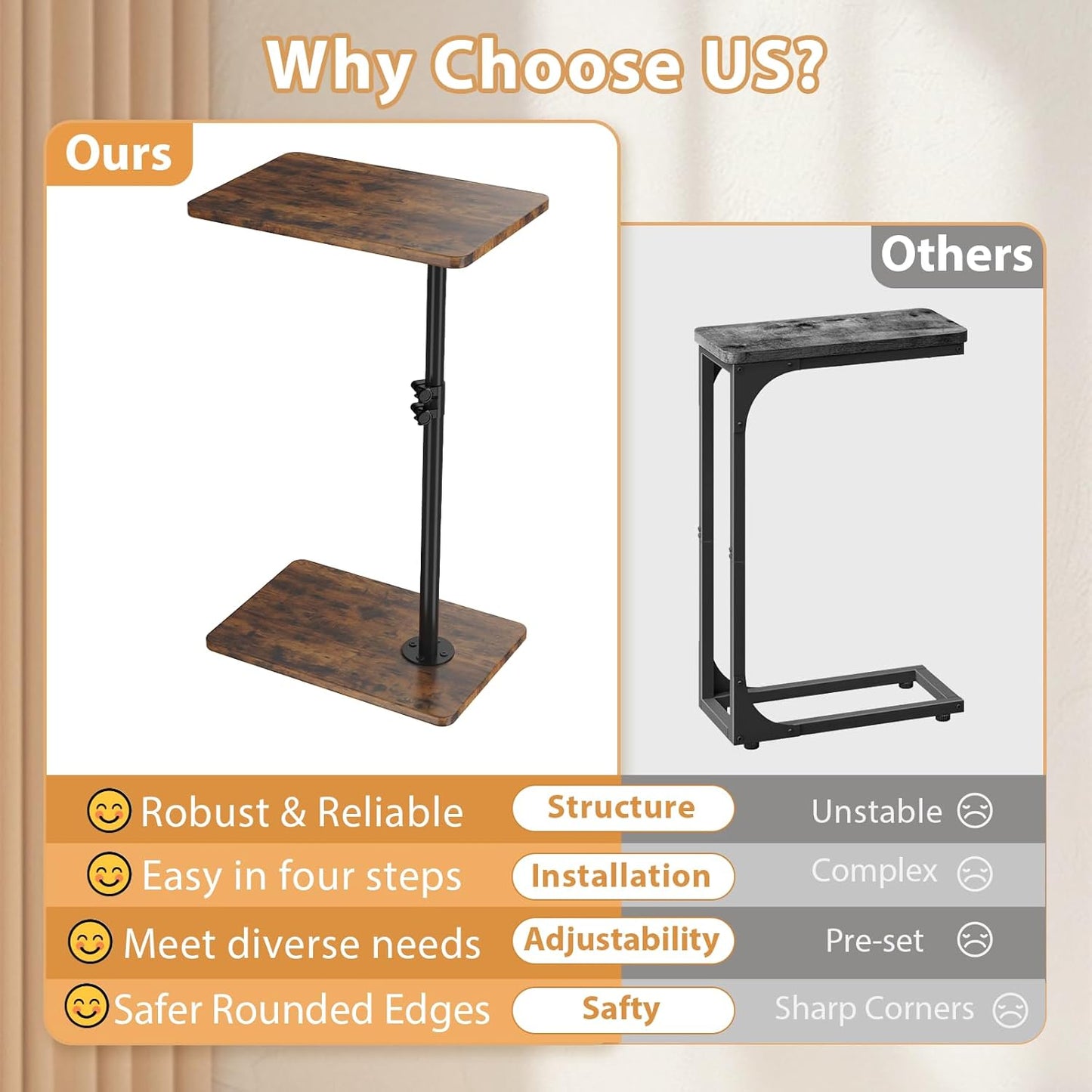 360Swivel TV Tray Table, Adjustable C Shaped End Table for Couch, Couch Side Table C Table That Slide Under Couch Desk