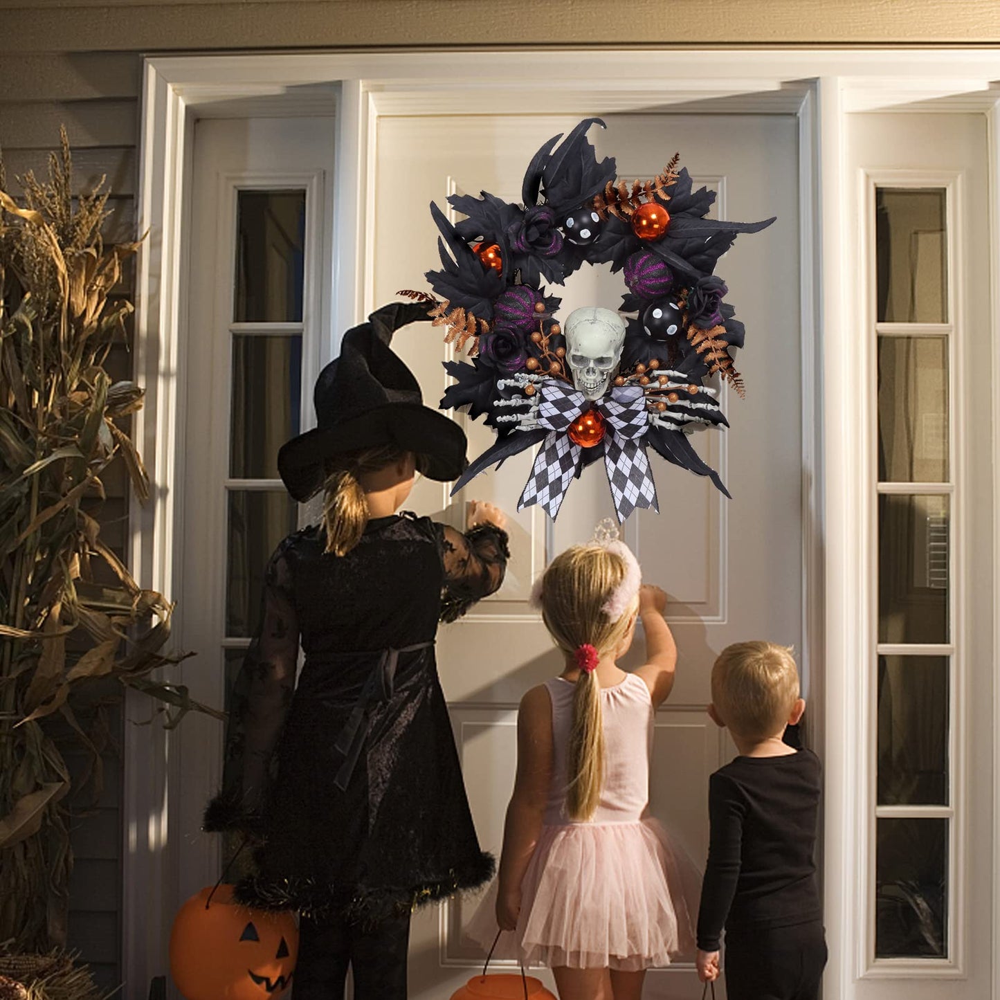 Adeeing Halloween Wreath for Front Door Halloween Skeleton Decorations, 20 Inch Pumpkin Wreath with Skull Black Roses Maple Leaves for Window Indoor Outside Home Party Decor