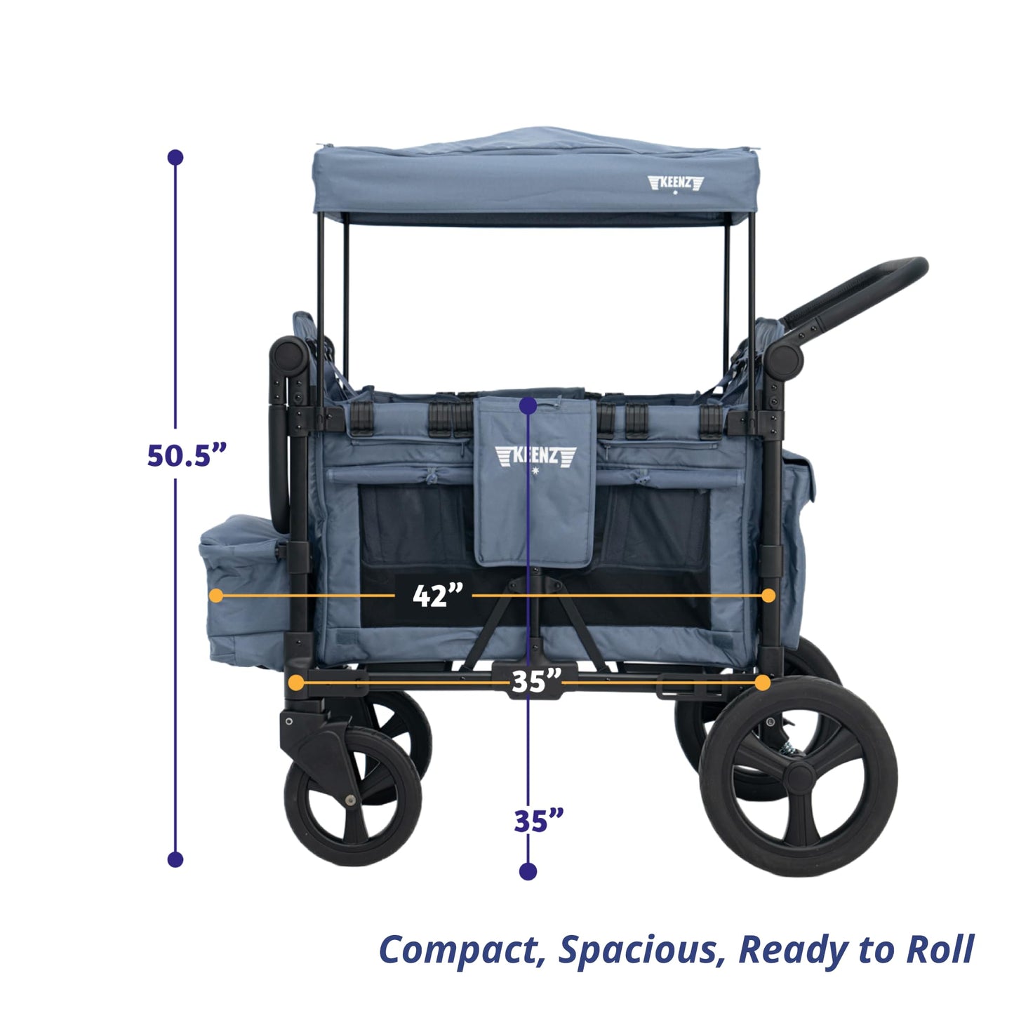 Keenz MOOV 4-Passenger All-Terrain Stroller Wagon with Reclining Seats, Built-in Cooler, Push/Pull Handle, Rubber Wheels, and Activity Tray – Foldable Wagon for Four Kids, Blue
