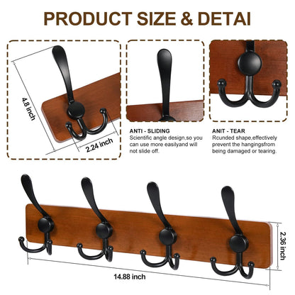 evory Wooden Coat Rack Wall Mount Heavy Duty,4 Pack Coat Hanger Wall Mount with 8 Triple Hooks for Clothes, Jacket, Hat, Keys, Space Saving Entryway Organizer for Mudroom