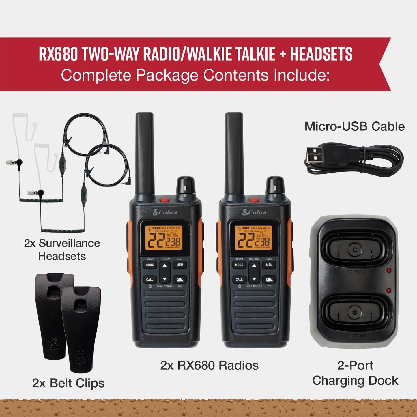 Cobra RX680 Walkie Talkies (2-Pack) - Rugged & Splashproof Two Way Radios Long Range, IP54 Water Resistant Design, 60 Pre-Programmed Channels, Weather Alerts, Included Charging Dock (Black/Orange)