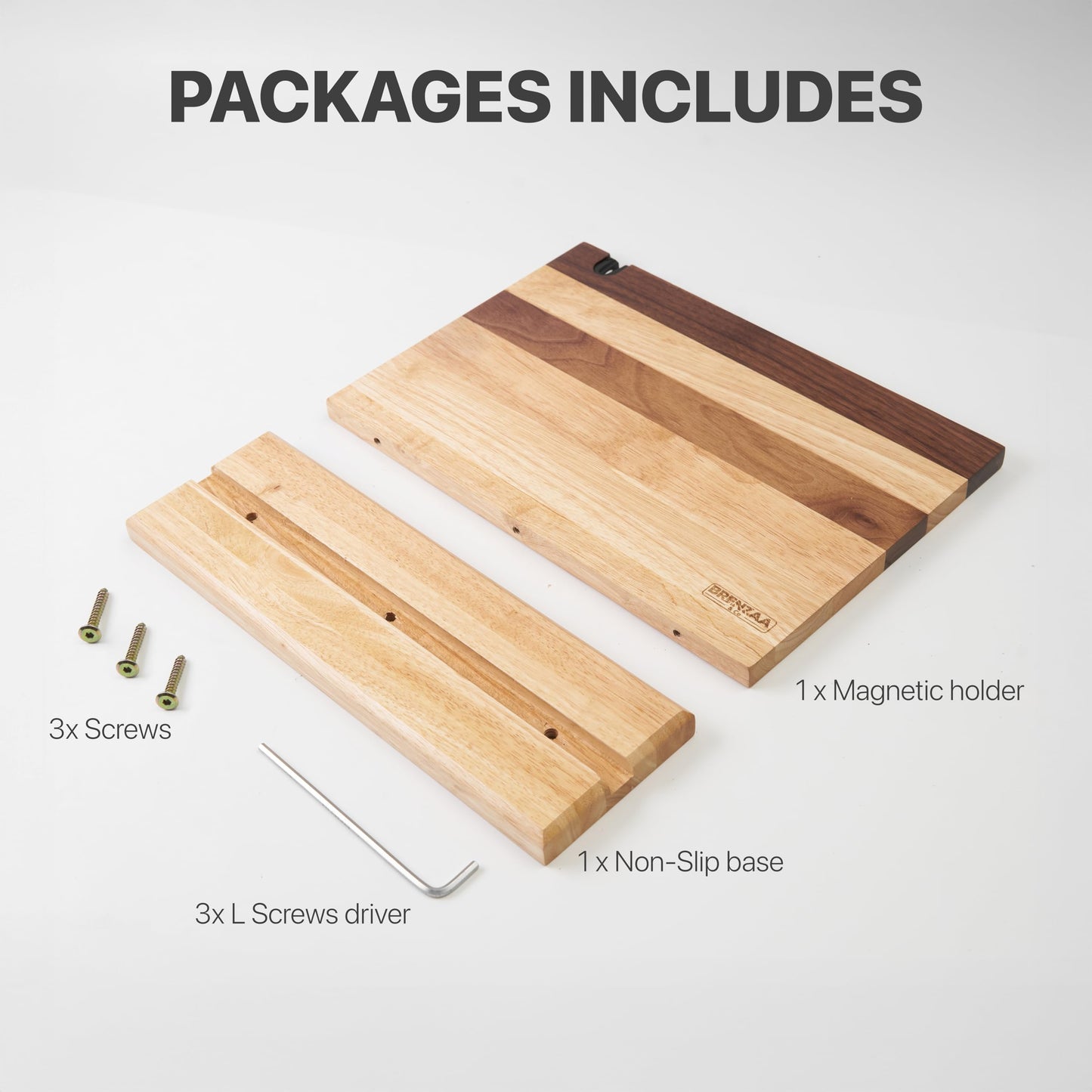 BRENZAA Magnetic Knife Block with Built-in Sharpener, 14 inch Double Sided Wood Knife Holder for Countertop, Universal Knife Stand without Knives (Rubberwood and Walnut Decor)