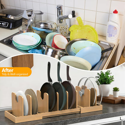 FoverOne Expandable Pot Lid Organizer, Bamboo Pot and Pan Organizer for Under Cabinet, 16" to 28" Adjustable Length and 8pcs Dividers