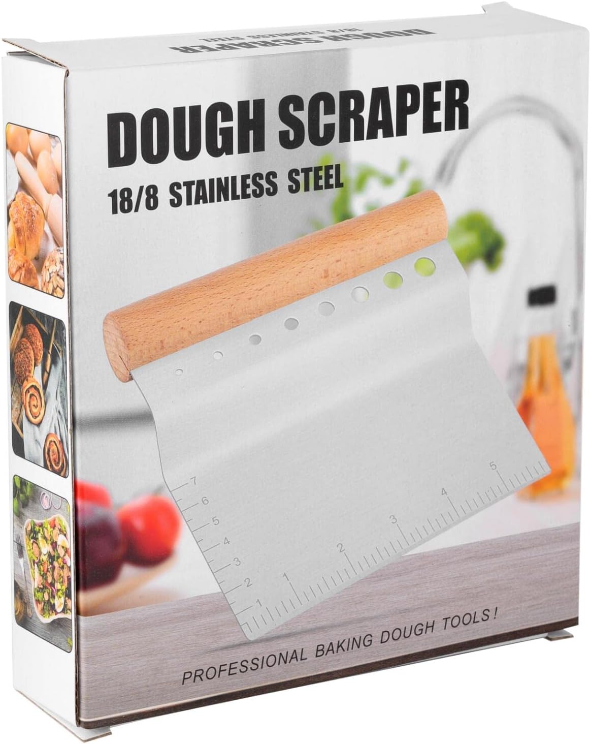 Stainless Steel Pastry Scraper, Dough/Pastry/Bread Cutter with Non-Slip Wood Handle and Herb Stripper 8-hole