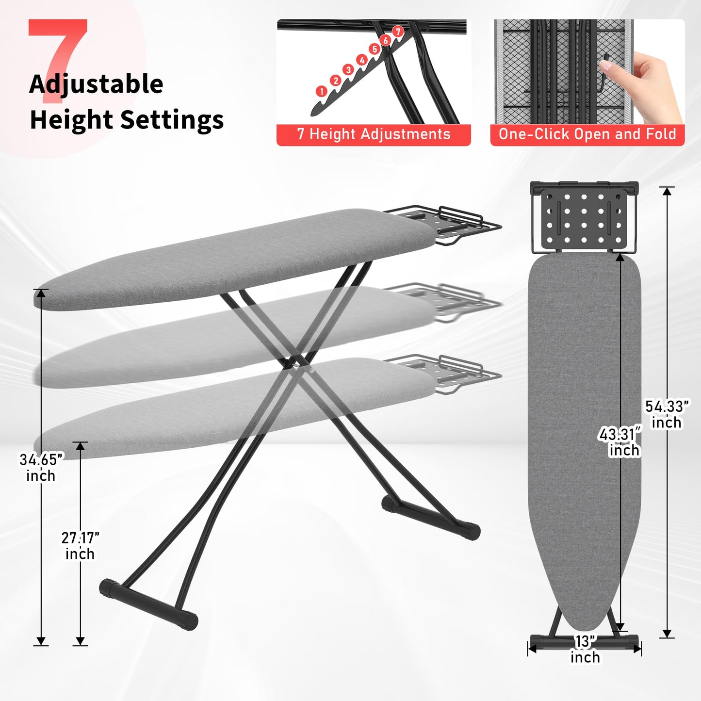 DIAMONDFORGE Ironing Board with Porous Iron Rest, 7 Adjustable Heights, 43" x 13", 3-Layer Heat-Resistant Cover & Pad for Home Laundry, Gray