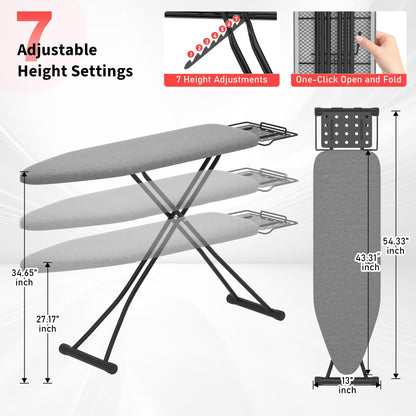 DIAMONDFORGE Ironing Board with Porous Iron Rest, 7 Adjustable Heights, 43" x 13", 3-Layer Heat-Resistant Cover & Pad for Home Laundry, Gray