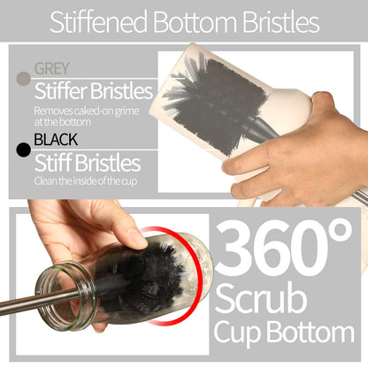 Bottle Brush Set 4 Pack - 15 Inch Long Handle Bottle Brush Cleaner with Stainless Steel Shaft, Straw Cleaner Brush and Lid Brush for Bottles, Thermos, Glasswares, Mugs, Cups, Tumblers