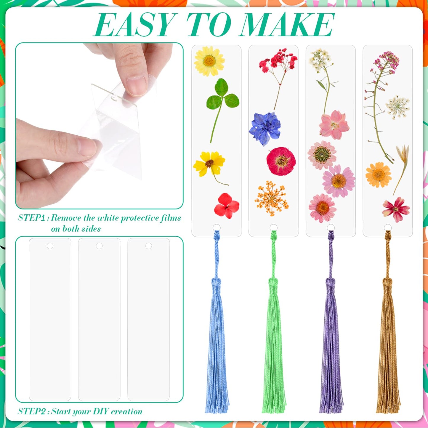 Eaasty 190 Pcs Pressed Flower Bookmark Making Kit, 24 Clear Acrylic Bookmarks with Tassels 140 Dried Floral with Adhesive Tools for Scrapbooking DIY Craft Gifts(Rustic)