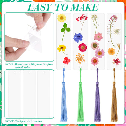 Eaasty 190 Pcs Pressed Flower Bookmark Making Kit, 24 Clear Acrylic Bookmarks with Tassels 140 Dried Floral with Adhesive Tools for Scrapbooking DIY Craft Gifts(Rustic)