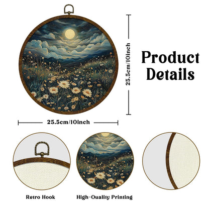Moonlit Daisy Meadow Round Wall Art,10"x10" Romantic Nature Canvas Wall Hanging Decor with Frame, Rustic Night Landscape Wildflower Painting for Bedroom, Living Room, or Gift (FJ01)