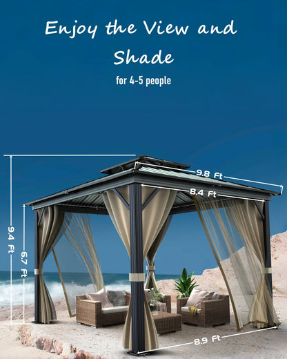 PeacefulHues 10' x 10' Permanent Hardtop Gazebo with Aluminum Frame, Double Galvanized Steel Roof, Curtains and Netting, Outdoor Patio Pavilion for Backyard, Deck, Garden – Gray