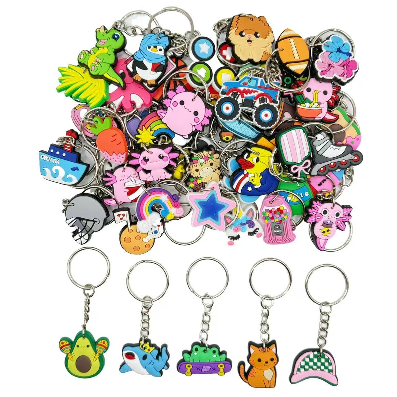 Ella & Emma 30/50/100 Bulk Different Keychains, Mixed Non-Repeat Cute Key Chain for Classroom Prizes Students Incentives Holiday Gifts Party Favors (50pcs Mixed)