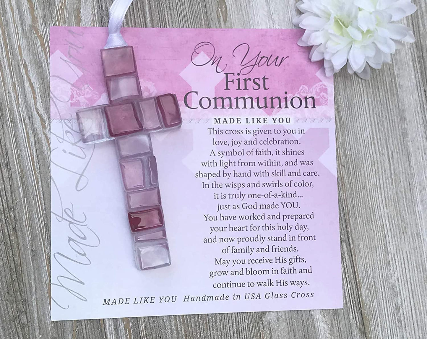 First Communion Gift for Girl, Handmade in USA Pink Mosaic Glass Cross with Sentiment