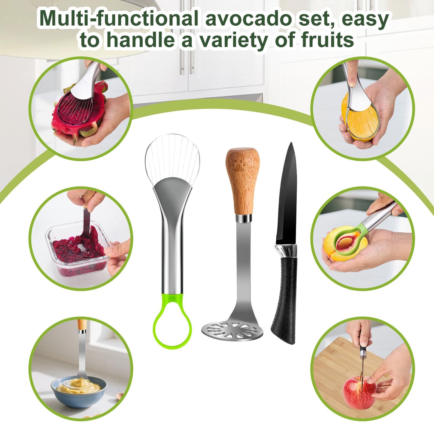OERPHO Avocado Slicer Tool 3 in 1, Stainless Steel Avocado Cutter Tool Set, Avocado Masher & Avocado Peeler Tools, Multi-Function Avocado Smasher Tools for Slicing, Scooping and Pit Removal