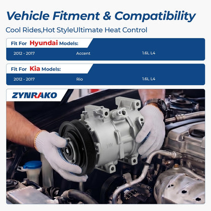 Zynrako A/C Compressor Compatible with 2012-2017 Hyundai Accent Kia Rio 1.6L, Air Conditioner Compressor Replacement, Clutch Not Included