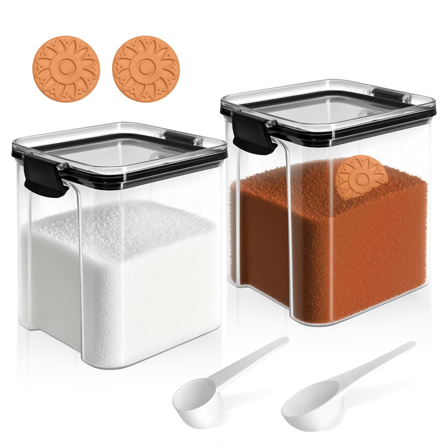 EQUNROY Airtight Brown Sugar Container 800ml/27OZ (2-Pack) Clear Storage Jars with 2 Brown Sugar Keeper, 20ml & 30ml Measuring Scoops - Stackable Kitchen Canister for Baking, Salt, Snacks