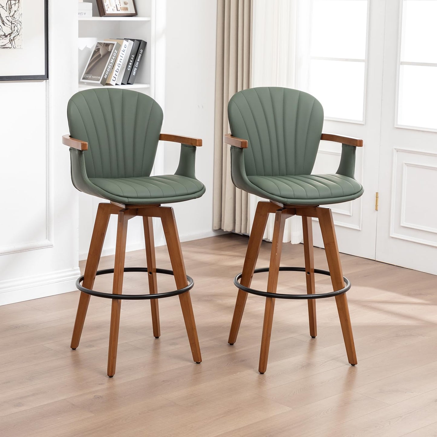 LUNLING 30” Bar Height Stools Set of 3.Mid Century Modern Bar Stools,Green PU Leather Kitchen Island Stools,Wood High Barstools Swivel with Back and Arms for Home Bar Furniture