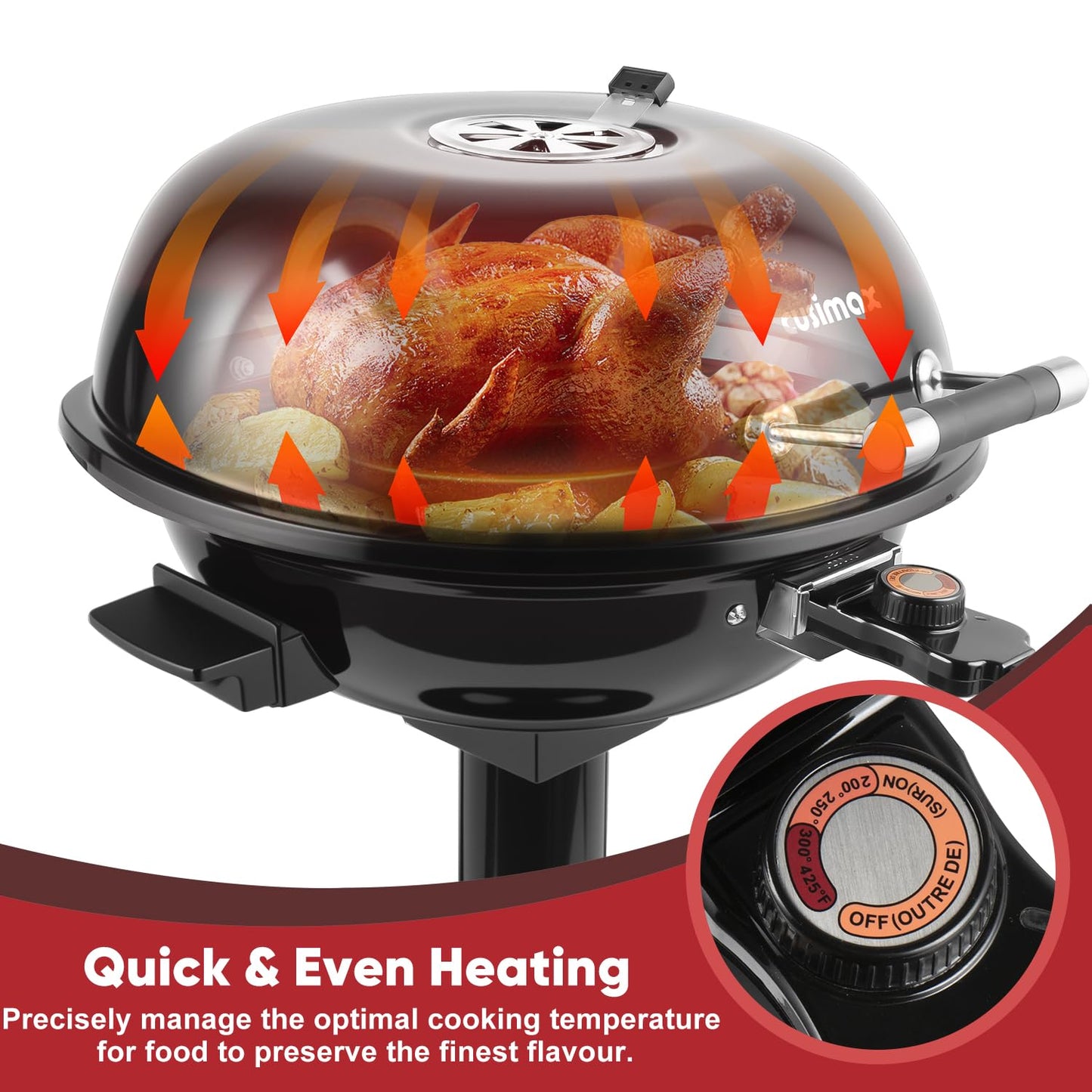 Electric Grill, CUSIMAX Electric Indoor/Outdoor Grill, 1600W Portable BBQ with Lid for Indoor & Outdoor Use, Adjustable Heat, Removable Stand Grill for Cookouts, BBQ Gatherings, Small Spaces