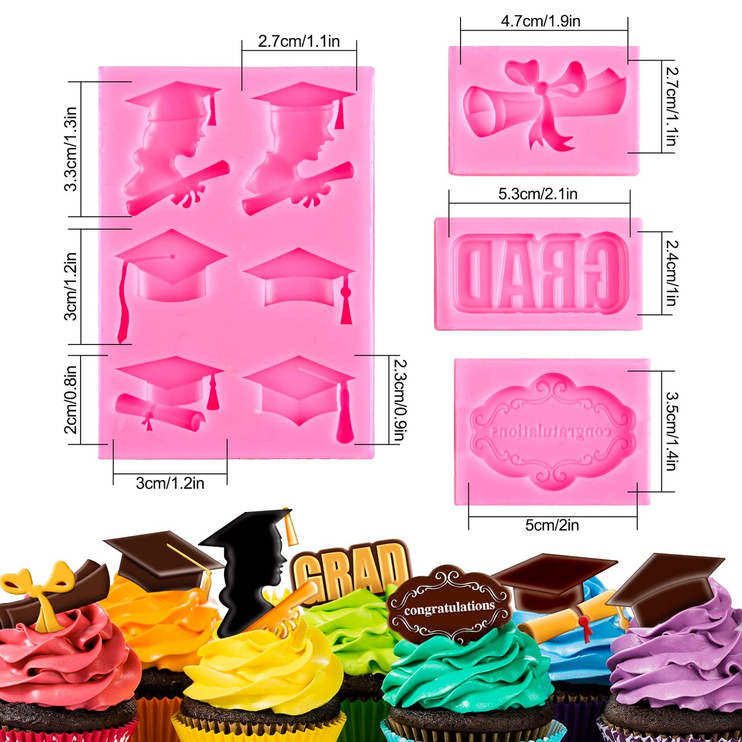Whaline 4 Pack Graduation Mini Fondant Molds Silicone Cap Diploma mould Congrats Grad Congratulations Candy Chocolate Mould for Party Soap Jelly Cake Cupcake Topper Decoration