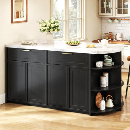 HSH 63” Large Kitchen Island with Seating, White Faux Marble Island Table with 2 Storage Drawers, Cabinets, 3 Open Shelves, Modern Counter Height Stationary Island Prep Table for Kitchen Dining Room