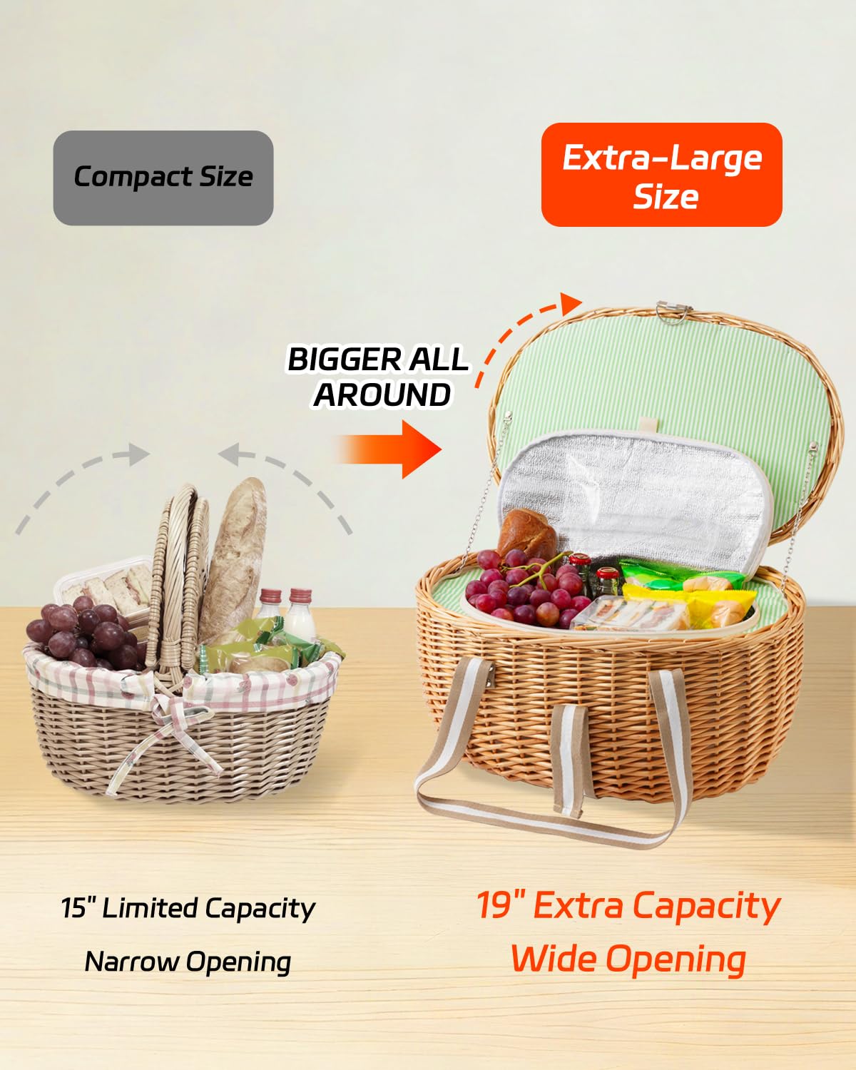 WeaveNove Picnic Basket Insulated with Lid, Extra Large Wicker Picnic Basket with Waterproof Insulated, Handwoven Portable Vintage Picnic Hamper 8.4 Gal(31.7L), Camping Outdoor Gifts Date, Natural
