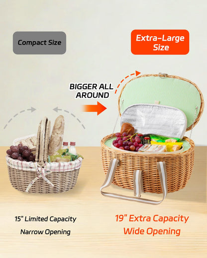 WeaveNove Picnic Basket Insulated with Lid, Extra Large Wicker Picnic Basket with Waterproof Insulated, Handwoven Portable Vintage Picnic Hamper 8.4 Gal(31.7L), Camping Outdoor Gifts Date, Natural