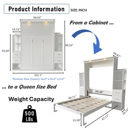 DNYN Queen Size Murphy Bed with 4 Storage Drawers & Shelf & Foldable & Wall Bedframe Design,for Small Space,Bedroom,Guest Room, White