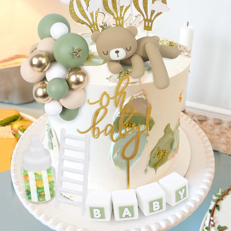 Acmee 44 PCS Green Bear Cake Toppers - Mini 3D Bear BABY Letters Milk Bottle Green Gold Foam Balls Cake Toppers for Boy Girl Birthday Party Baby Shower Cake Decorations