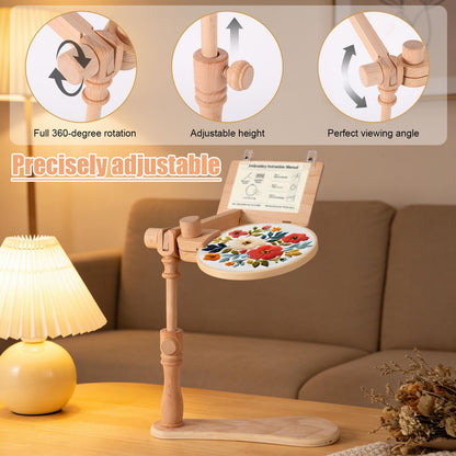 Wood Stitching Embroidery Hoop Stand, Adjustable 360° Rotatable Wooden Embroidery Holder Hands-Free Needlework Holder for Sitting/Lap Frame Cross Stitch Needlepoint Projects