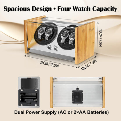 Watch Winder Smith Real Bamboo 4 Watch Winders for Automatic Watches, Precision Engineered Quiet 4 Modes Rotation and Dual Power Flexibility AC/DC