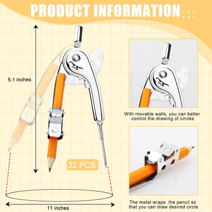 SAYAYA 32 Pieces Compass for Geometry with Pencil, Metal Geometry Drawing Tool 6 Inch Silver Compass for Math Student Classroom School Office Woodworking Art Drawing
