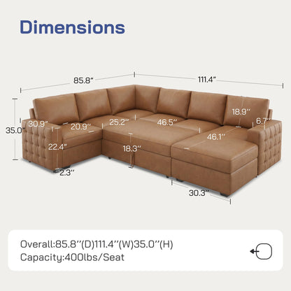Leathaire 111 Inch Sectional Sleeper Sofa with Pull Out Bed, U Shaped 6 Seat Modular Sectional Couch with Storage for Living Room, Faux Leather Brown