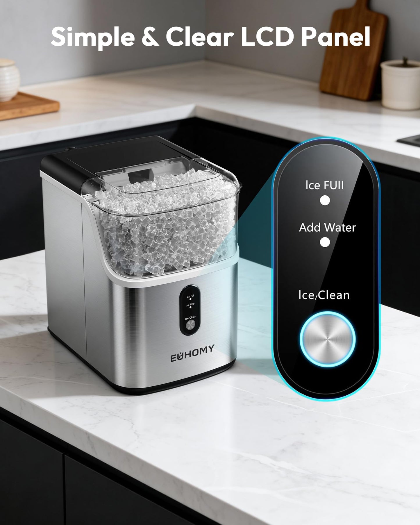 EUHOMY Nugget Ice Maker Countertop, Ready in 7 Mins, 34Lbs/24H Pebble Ice Maker Machine, Self-Cleaning Countertop Sonic Ice Makers with Ice Scoop&Basket, Pellet Ice Maker for Home, Stainless Steel