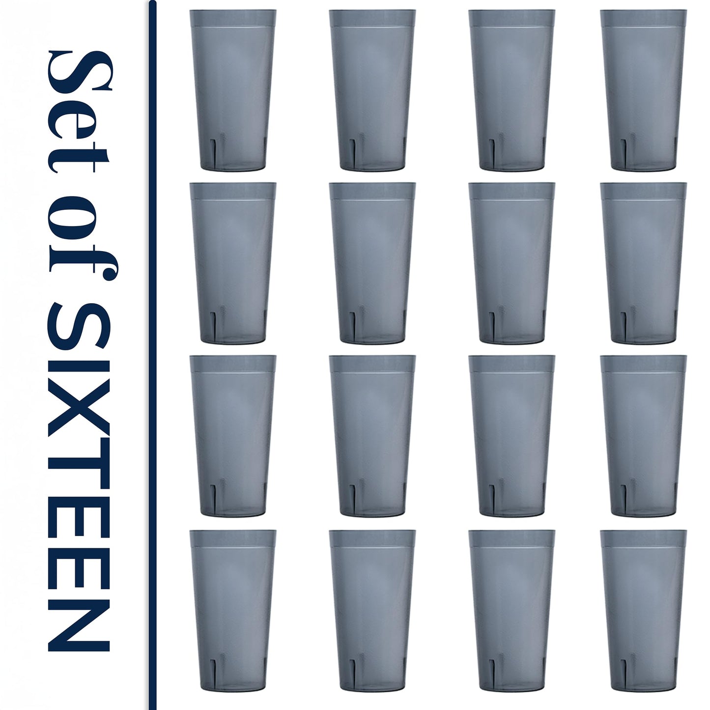 US Acrylic Cafe Plastic Reusable Tumblers (Set of 16) 20-ounce Water Cups in Grey | Value Set of Restaurant Style Drinking Glasses, Stackable, BPA-free, Made in the USA | Top-rack Dishwasher Safe