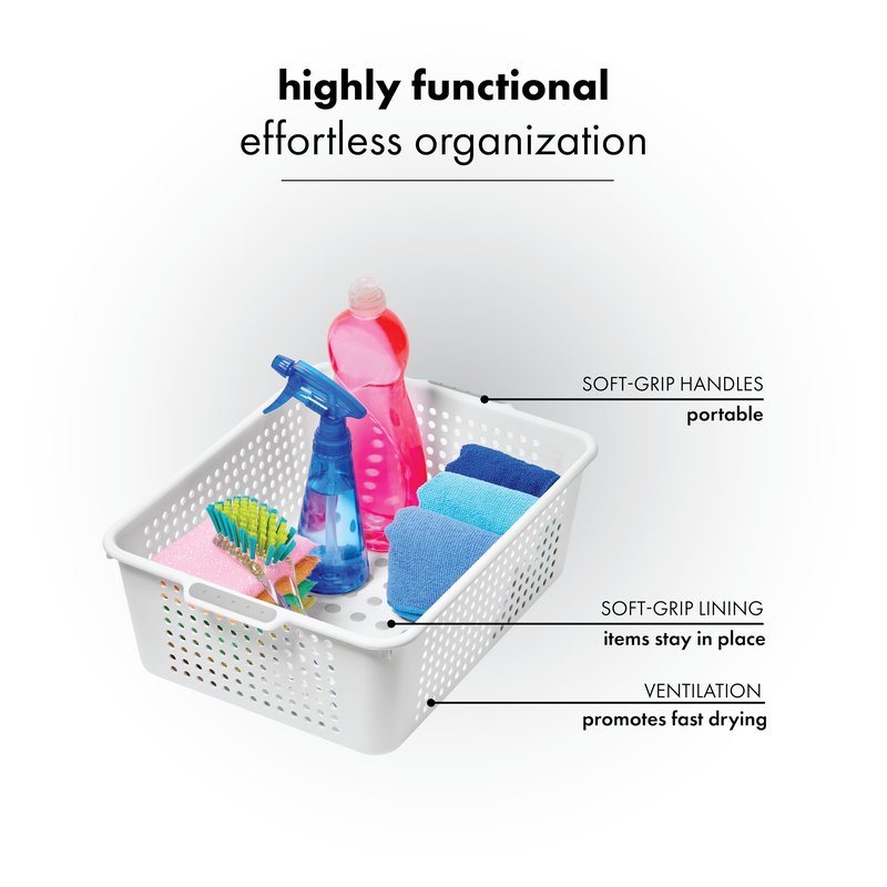 madesmart Medium Storage Basket, Multipurpose Organizer with Soft-Grip Handles, Ventilated Design for Laundry, Bath & Kitchen Storage, White, 14 x 10 x 5"